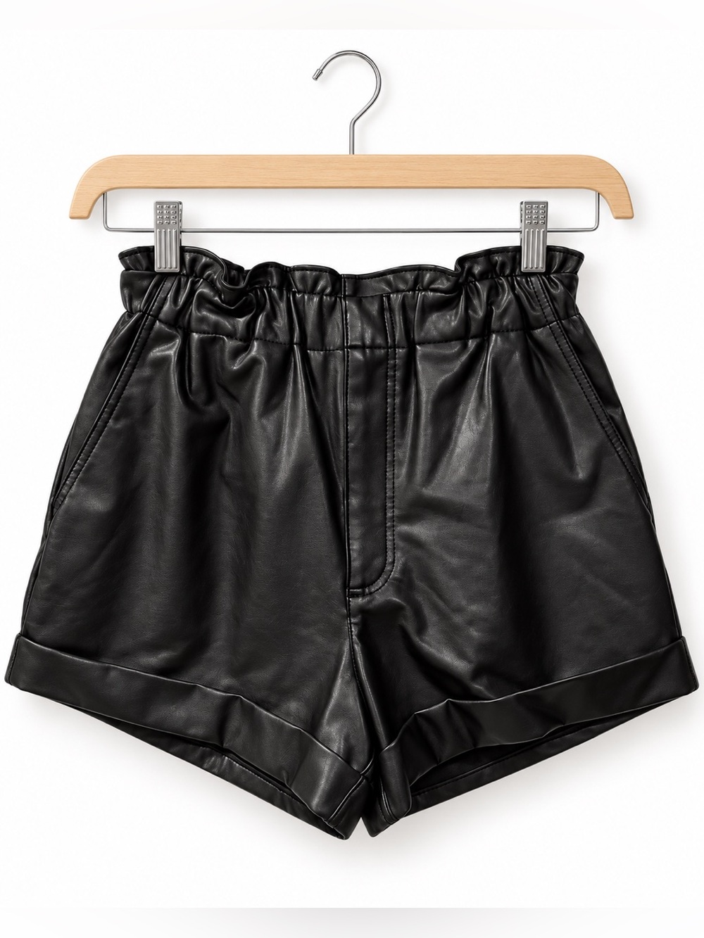 Faux Leather High-Waist Paperbag Shorts - Black